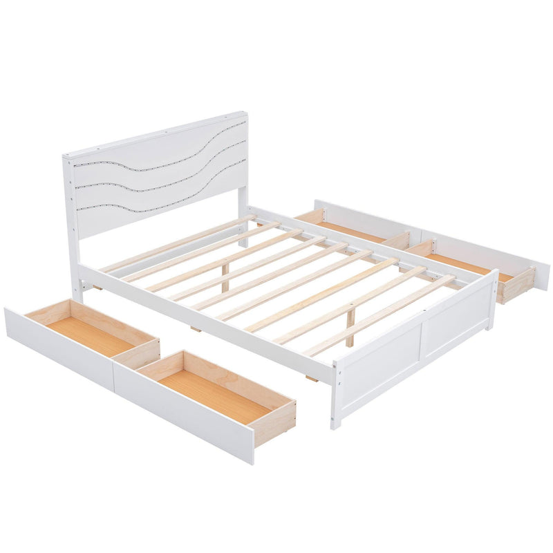 Queen Size Wood Storage Platform Bed with LED and 4 Drawers, White - Supfirm