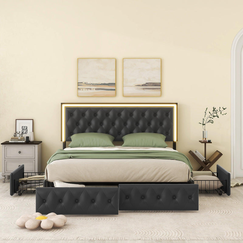 Queen Upholstered Bed Frame with 4 Storage Drawers, PU Leather Platform Bed with LED Headboard, No Box Spring Needed, Black - Supfirm