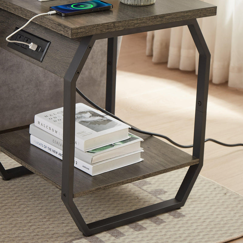 Side Table with Charging Station, Set of 2 End Tables with USB Ports and Sockets, Bedside Tables in Living Room, Bedroom, Dark Grey,17.32'' W x 17.32'' D x 21.65'' H. - Supfirm