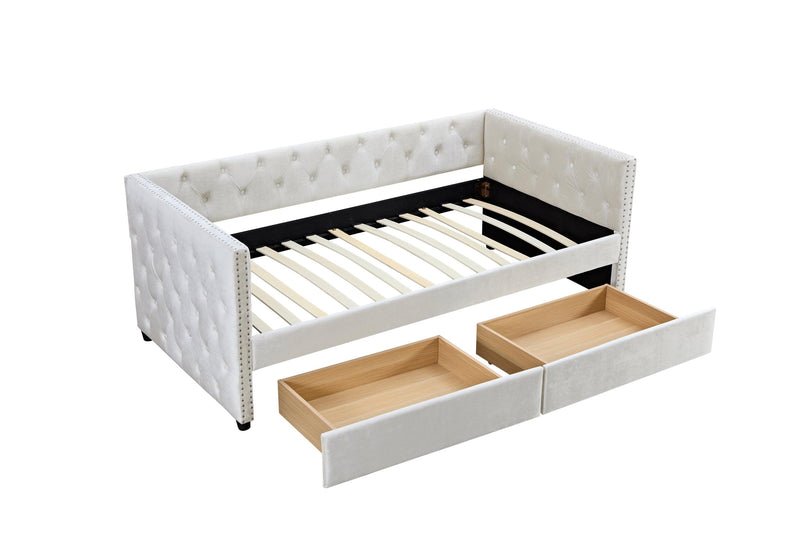 Sofa bed with drawers, modern velvet upholstered sofa bed with button tufted sofa bed frame with double drawers, bedroom living room furniture,Beige (83.47''x42.91''x30.71''') - Supfirm