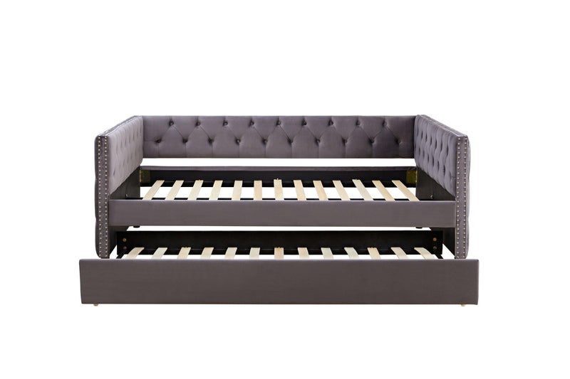 Sofa bed with wheels, upgraded velvet upholstered sofa bed, with Button and Copper Nail on Square Arms,bedroom living room furniture (gray,full,82.75"x58"x30.75") - Supfirm