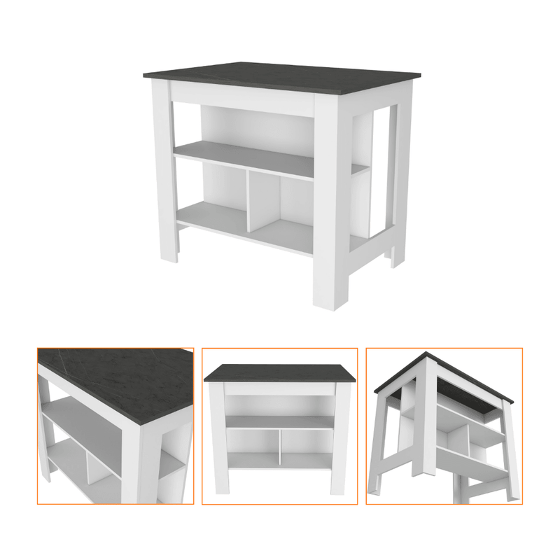 Stamford 2 Piece Kitchen Set, Delos Kitchen Island + Munich Lower Microwave Pantry Cabinet , White /Onyx - Supfirm