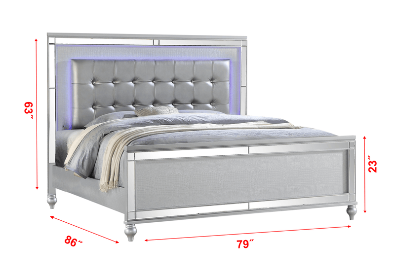 Sterling King Size Upholstered LED Bed made with wood in Silver Color - Supfirm