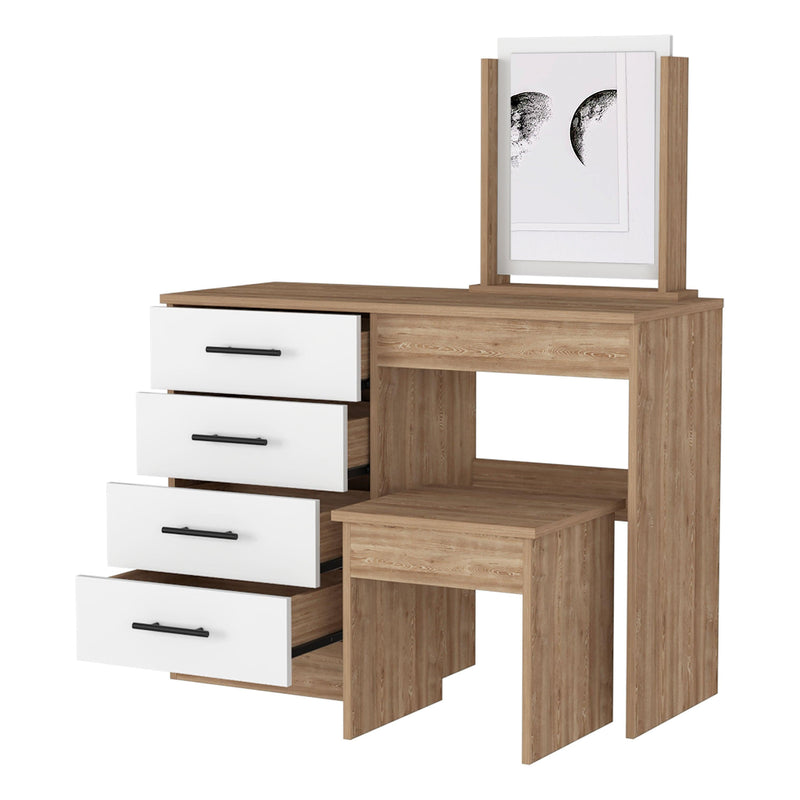 Stonington 4-Drawer Vanity Makeup Dressing Table with Stool Pine and White - Supfirm