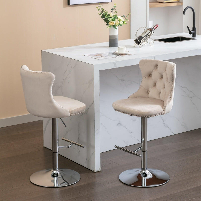 Swivel Velvet Barstools Adjusatble Seat Height from 25-33 Inch, Modern Upholstered Chrome base Bar Stools with Backs Comfortable Tufted for Home Pub and Kitchen Island, Beige,Set of 2 - Supfirm