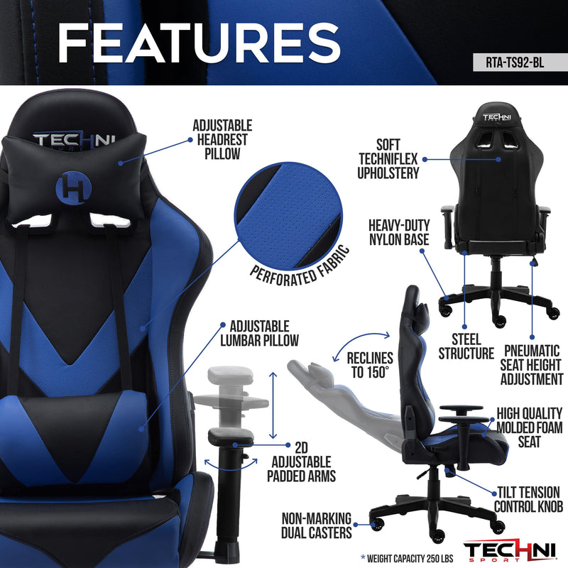 Techni Sport TS-92 Office-PC Gaming Chair, Blue - Supfirm