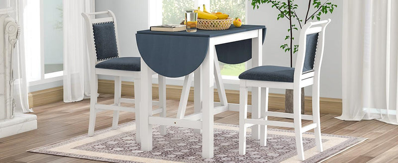 TOPMAX 3-Piece Wood Counter Height Drop Leaf Dining Table Set with 2 Upholstered Dining Chairs for Small Place, White+Gray - Supfirm