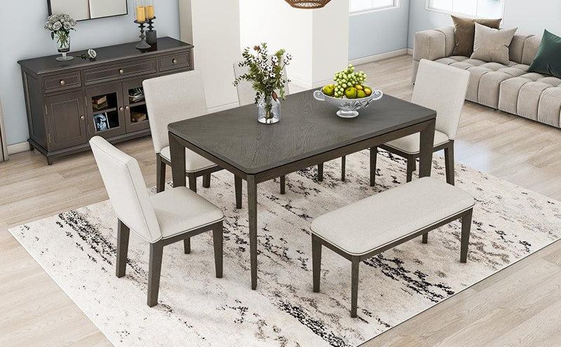 TOPMAX 6-Piece Dining Table Set with Upholstered Dining Chairs and Bench,Farmhouse Style, Tapered Legs, Dark Gray+Beige - Supfirm