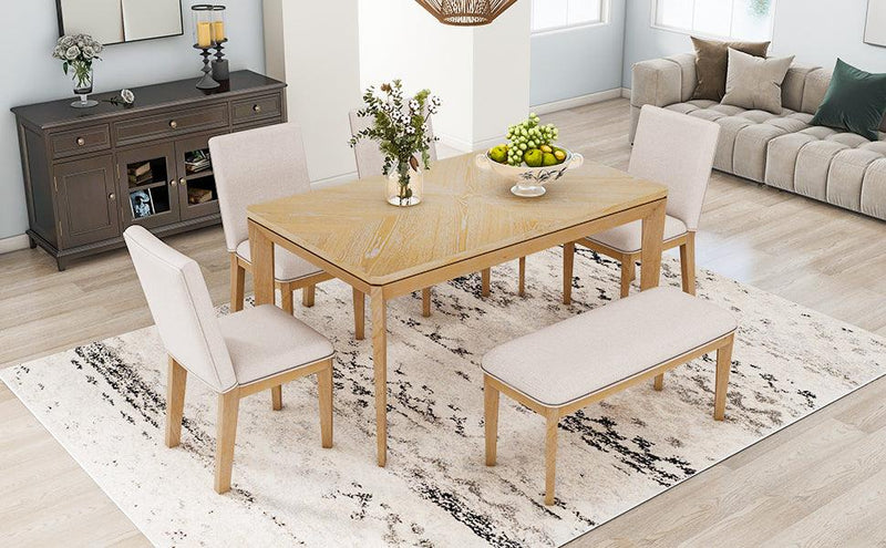 TOPMAX 6-Piece Dining Table Set with Upholstered Dining Chairs and Bench,Farmhouse Style, Tapered Legs, Natural+Beige - Supfirm