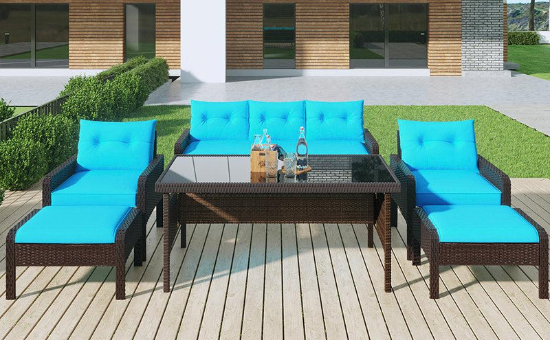 TOPMAX 6-Piece Outdoor Patio PE Wicker Rattan Sofa Set Dining Table Set with Removable Cushions and Tempered Glass Tea Table for Backyard, Poolside, Deck, Brown Wicker+Blue Cushion - Supfirm