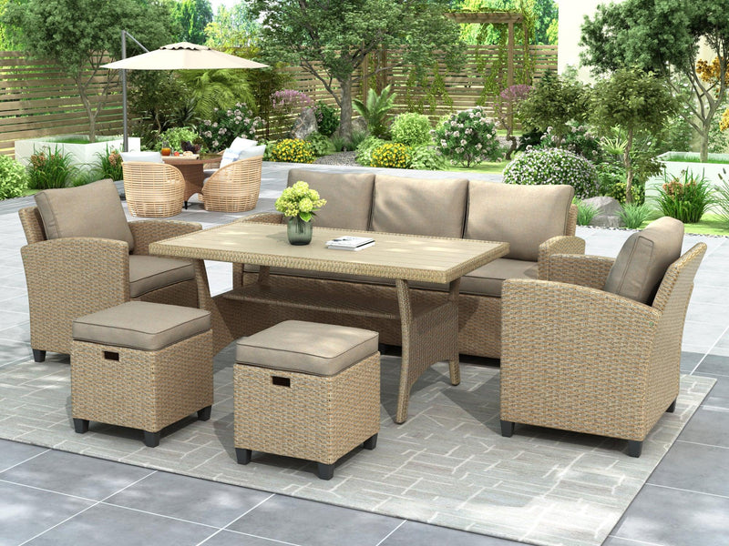 TOPMAX 6 Piece Outdoor Rattan Wicker Set Patio Garden Backyard Sofa, Chair, Stools and Table - Supfirm