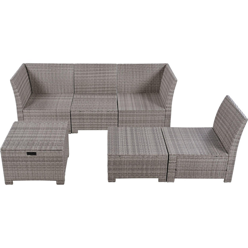TOPMAX 6-Piece Outdoor Sofa Set, PE Wicker Rattan Sofa with 2 Corner Chairs, 2 Single Chairs, 1 Ottoman and 1 Storage Table, All-weather Conversational Furniture, Beige - Supfirm