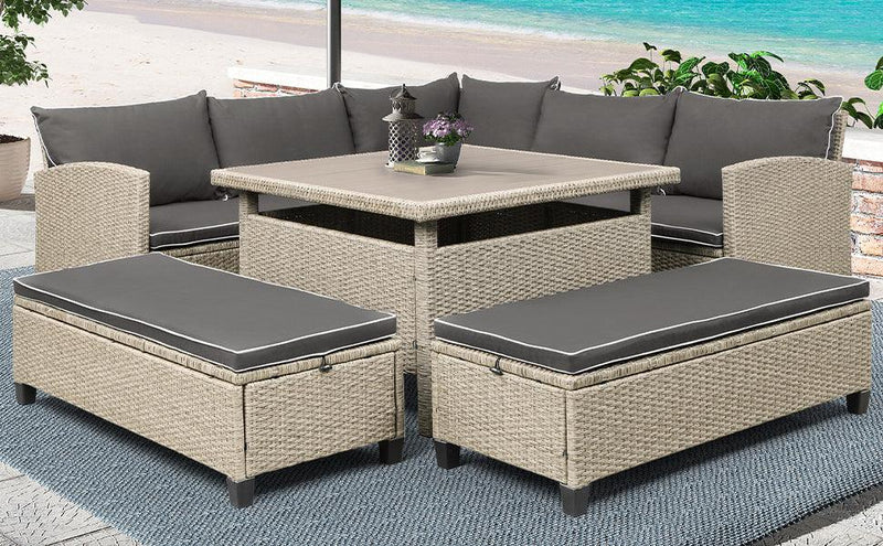 TOPMAX 6-Piece Patio Furniture Set Outdoor Wicker Rattan Sectional Sofa with Table and Benches for Backyard, Garden, Poolside - Supfirm