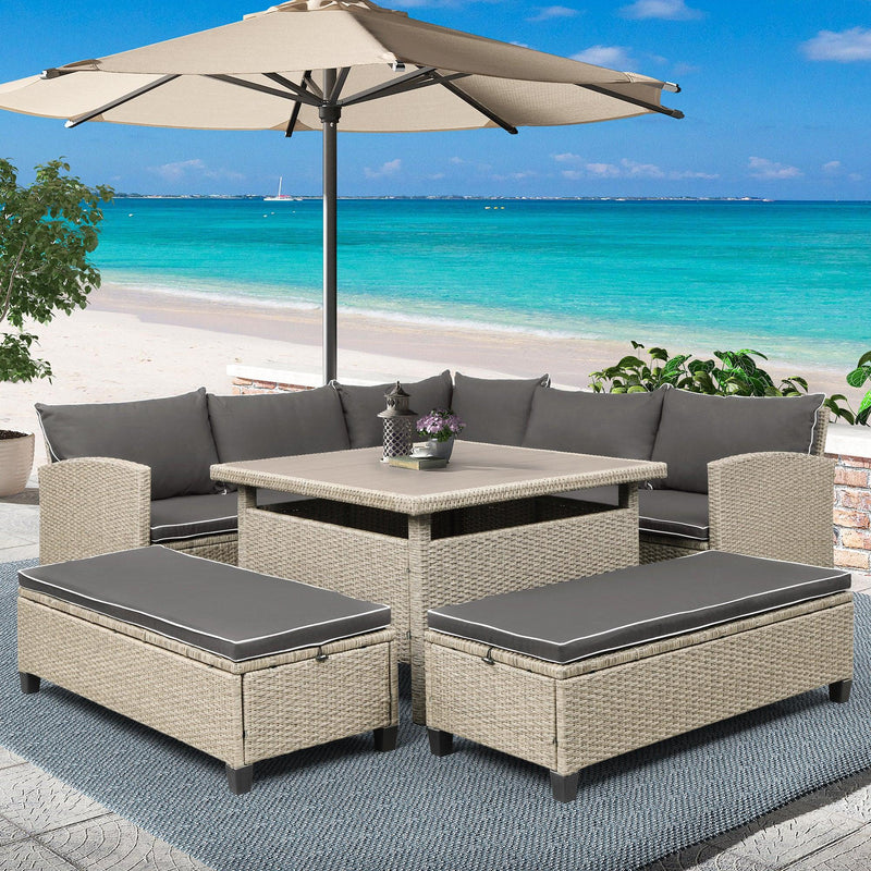 TOPMAX 6-Piece Patio Furniture Set Outdoor Wicker Rattan Sectional Sofa with Table and Benches for Backyard, Garden, Poolside - Supfirm