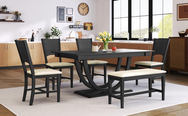 TOPMAX 6-Piece Wood Half Round Dining Table Set Kitchen Table Set with Long Bench and 4 Dining Chairs, Modern Style, Gray - Supfirm