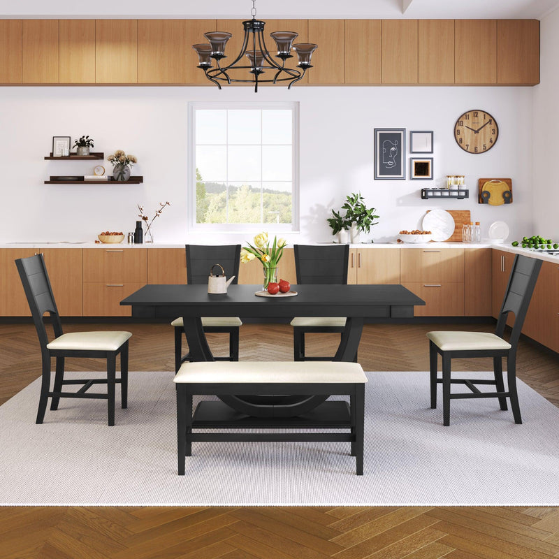 TOPMAX 6-Piece Wood Half Round Dining Table Set Kitchen Table Set with Long Bench and 4 Dining Chairs, Modern Style, Gray - Supfirm