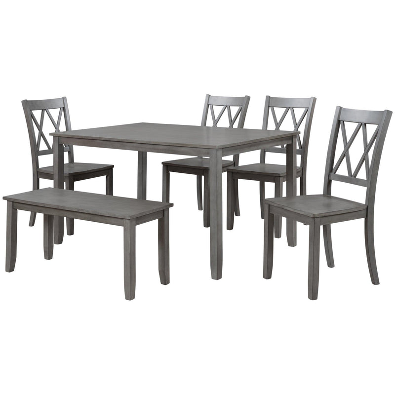 TOPMAX 6-piece Wooden Kitchen Table set, Farmhouse Rustic Dining Table set with Cross Back 4 Chairs and Bench,Antique Graywash - Supfirm