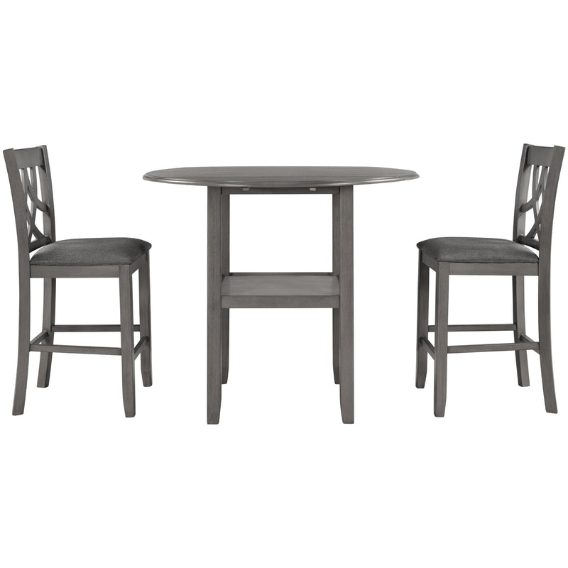 TOPMAX Farmhouse 3 Piece Round Counter Height Kitchen Dining Table Set with Drop Leaf Table, One Shelf and 2 Cross Back Padded Chairs for Small Places, Gray - Supfirm