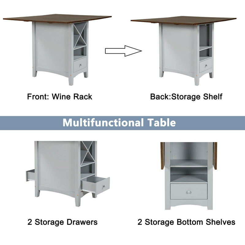 TOPMAX Farmhouse Wood Counter Height 5-Piece Dining Table Set with Drop Leaf, Kitchen Set with Wine Cubbies Rack and Drawers for Small Places, Cherry+Gray - Supfirm