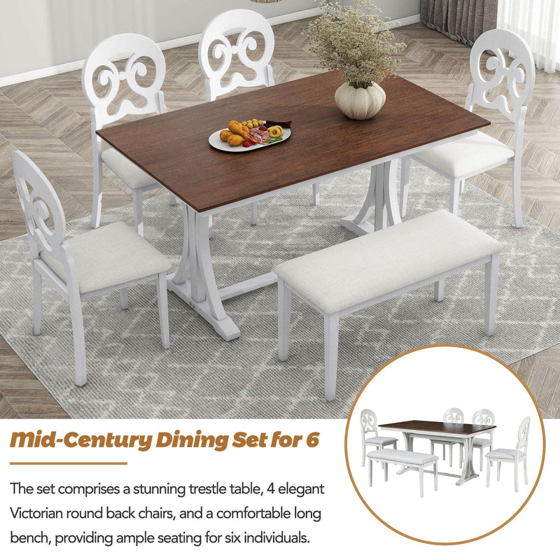 TOPMAX Mid-Century 6-Piece Trestle Table Set with Victorian Round Upholstered Dining Chairs and Long Bench, Cherry+Antique White - Supfirm