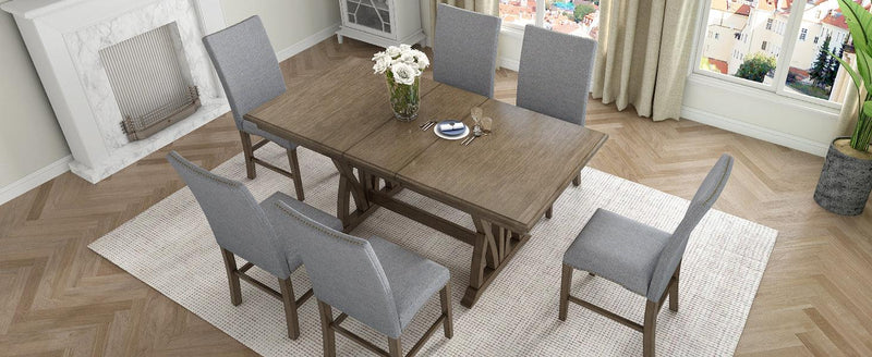TOPMAX Mid-Century Solid Wood 7-Piece Dining Table Set Extendable Kitchen Table Set with Upholstered Chairs and 12" Leaf for 6, Golden Brown+Gray Cushion - Supfirm