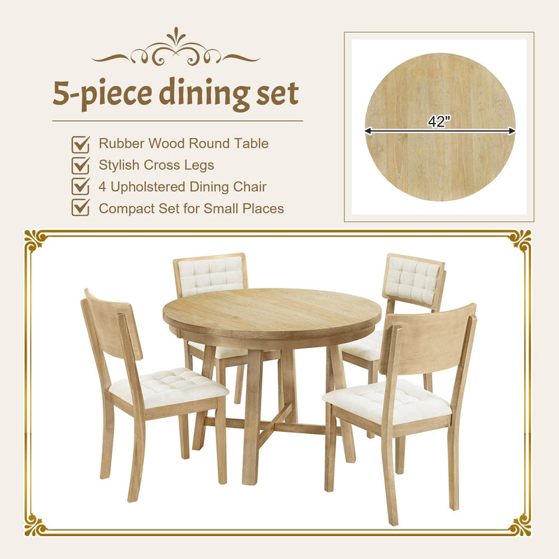 TOPMAX Rustic 42inch Round Dining Table Set with Cross Legs and Upholstered Dining Chairs for Small Places, Natural - Supfirm