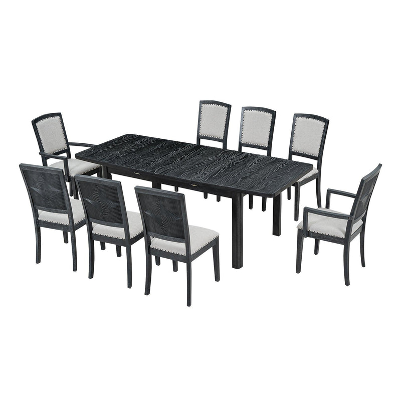 TOPMAX Rustic Extendable 84inch Dining Table Set with 24inch Removable Leaf , 6 Upholstered Armless Dining Chairs and 2 Padded Arm Chairs, 9 Pieces, Black - Supfirm