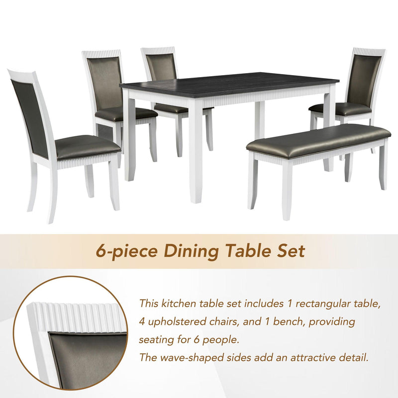 TOPMAX Rustic Solid Wood 6-piece Dining Table Set, PU Leather Upholstered Chairs and Bench, White - Supfirm