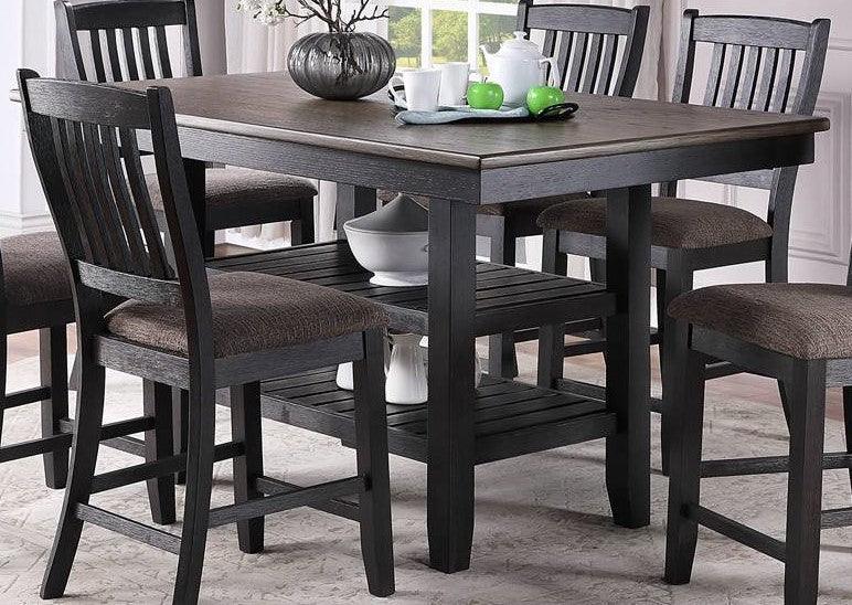 Transitional Dining Room 7pc Set Dark Coffee Rubberwood Counter Height Dining Table w 2x Shelfs and 6x High Chairs Fabric Upholstered seats Unique Back Counter Height Chairs - Supfirm