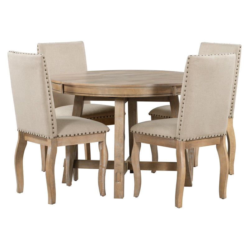 TREXM 5-Piece Farmhouse Dining Table Set Wood Round Extendable Dining Table and 4 Upholstered Dining Chairs (Natural Wood Wash) - Supfirm