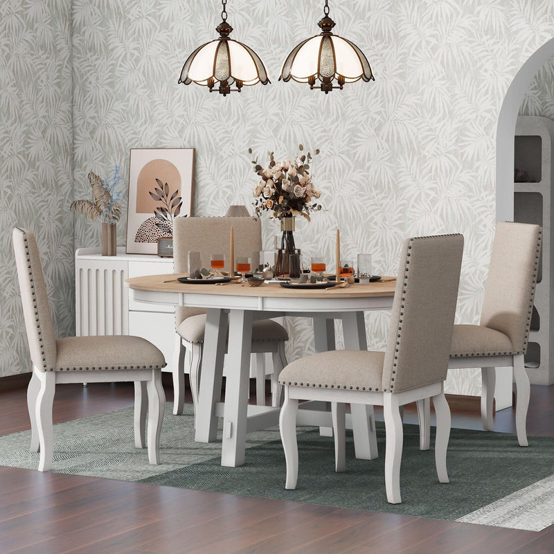 TREXM 5-Piece Farmhouse Dining Table Set Wood Round Extendable Dining Table and 4 Upholstered Dining Chairs (Oak Natural Wood + Antique White) - Supfirm