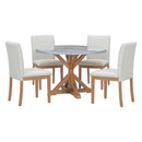 TREXM 5-Piece Farmhouse Style Dining Table Set, Marble Sticker and Cross Bracket Pedestal Dining Table, and 4 Upholstered Chairs (White+Walnut) - Supfirm