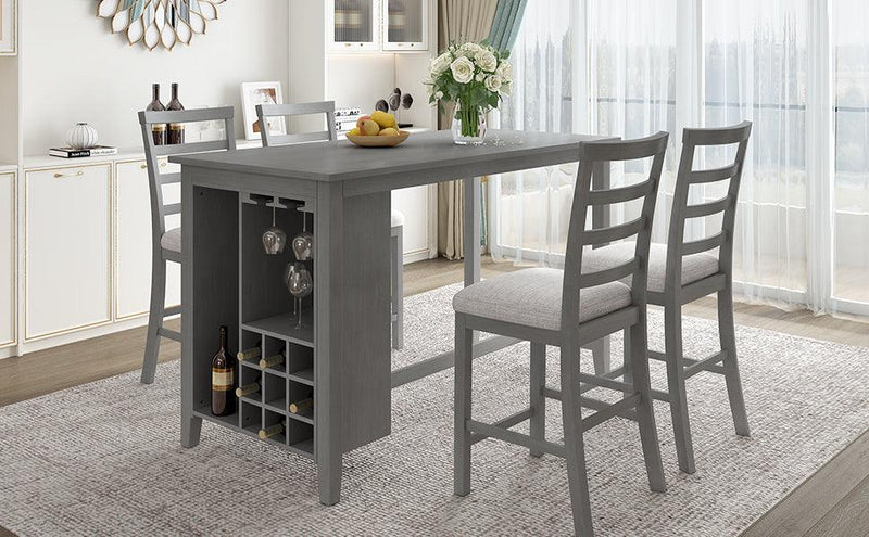 TREXM 5-Piece Multi-Functional Rubber Wood Counter Height Dining Set with Padded Chairs and Integrated 9 Bar Wine Cubbies Compartment, Wineglass Holders for Dining Room (Gray) - Supfirm