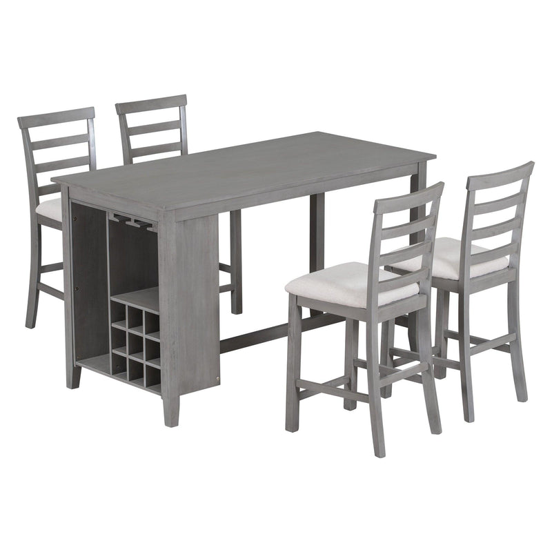 TREXM 5-Piece Multi-Functional Rubber Wood Counter Height Dining Set with Padded Chairs and Integrated 9 Bar Wine Cubbies Compartment, Wineglass Holders for Dining Room (Gray) - Supfirm