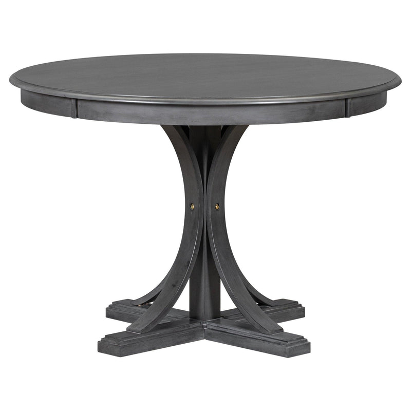 TREXM 5-Piece Retro Round Dining Table Set with Curved Trestle Style Table Legs and 4 Upholstered Chairs for Dining Room (Dark Gray) - Supfirm