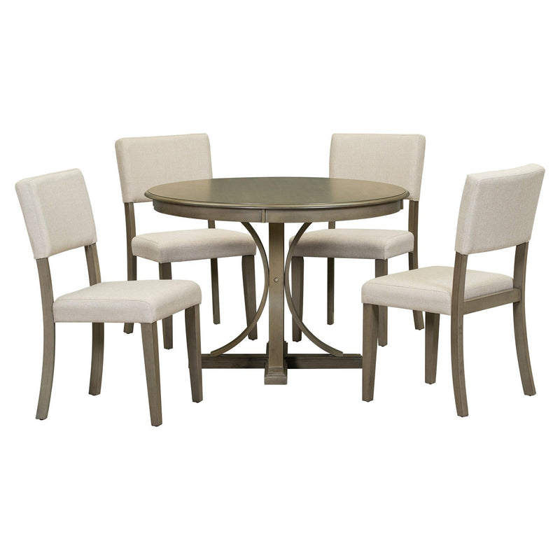 TREXM 5-Piece Retro Round Dining Table Set with Curved Trestle Style Table Legs and 4 Upholstered Chairs for Dining Room (Taupe) - Supfirm