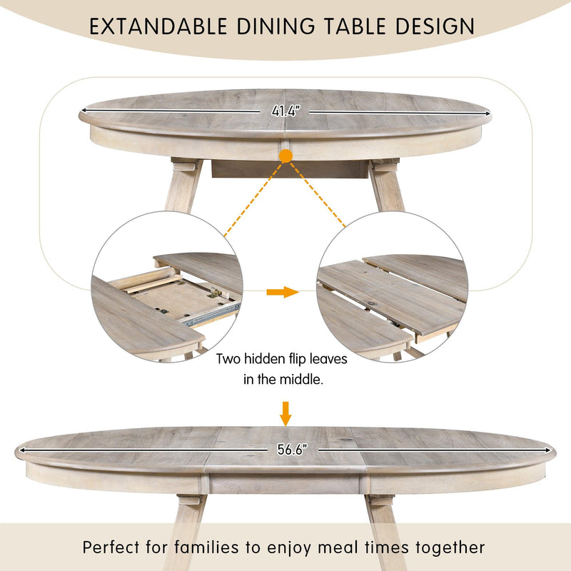 TREXM 5-Piece Wood Dining Table Set Round Extendable Dining Table with 4 Dining Chairs, Dining Room Table Set for 4 person for Dining Room (Natural Wood Wash) - Supfirm