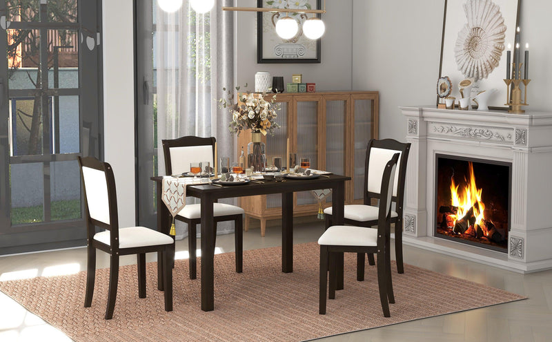 TREXM 5-Piece Wood Dining Table Set Simple Style Kitchen Dining Set Rectangular Table with Upholstered Chairs for Limited Space (Espresso) - Supfirm