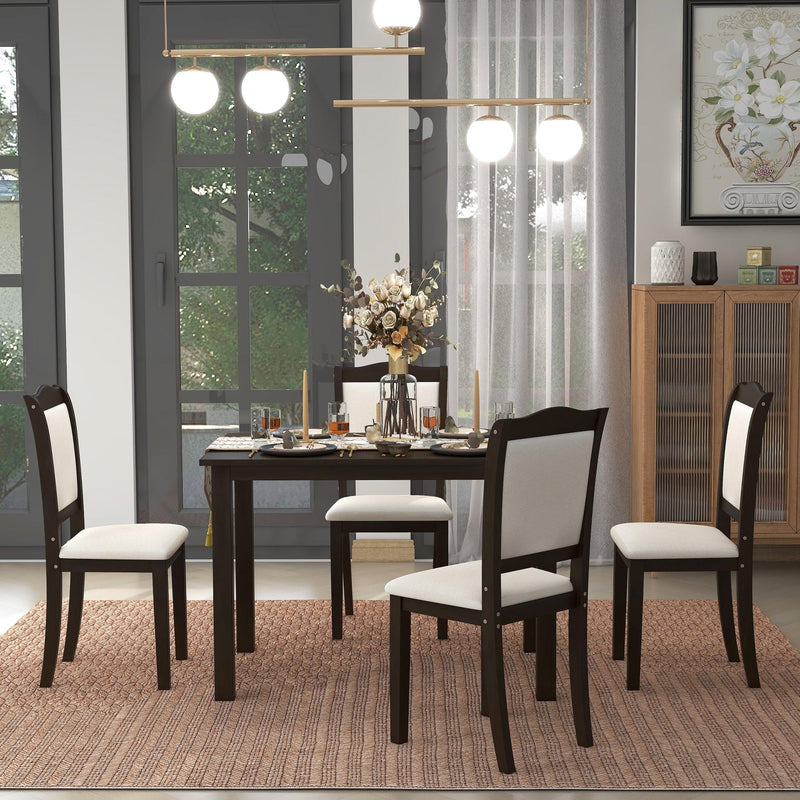 TREXM 5-Piece Wood Dining Table Set Simple Style Kitchen Dining Set Rectangular Table with Upholstered Chairs for Limited Space (Espresso) - Supfirm