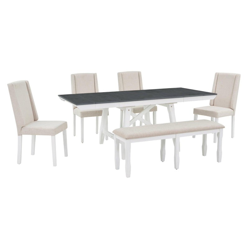 TREXM 6-Piece Classic Dining Table Set, Rectangular Extendable Dining Table with two 12"W Removable Leaves and 4 Upholstered Chairs & 1 Bench for Dining Room (Gray+White) - Supfirm