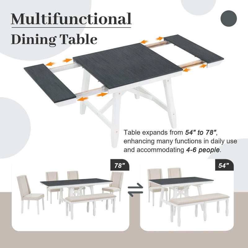 TREXM 6-Piece Classic Dining Table Set, Rectangular Extendable Dining Table with two 12"W Removable Leaves and 4 Upholstered Chairs & 1 Bench for Dining Room (Gray+White) - Supfirm
