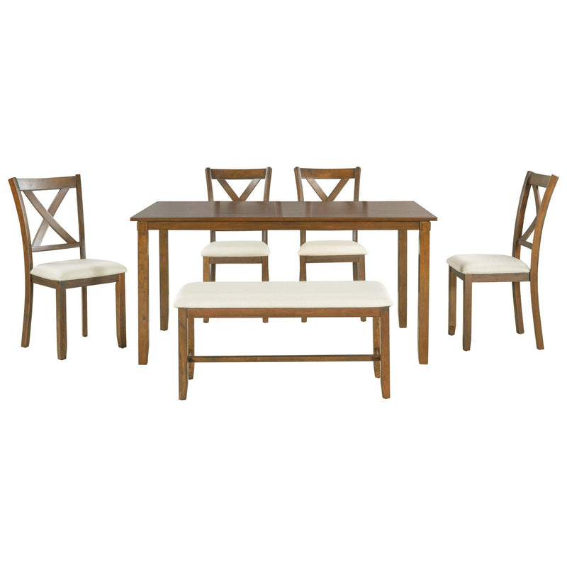 TREXM 6-Piece Kitchen Dining Table Set Wooden Rectangular Dining Table, 4 Fabric Chairs and Bench Family Furniture (Natural Cherry) - Supfirm