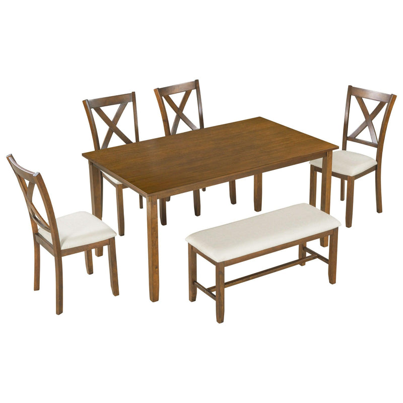 TREXM 6-Piece Kitchen Dining Table Set Wooden Rectangular Dining Table, 4 Fabric Chairs and Bench Family Furniture (Natural Cherry) - Supfirm