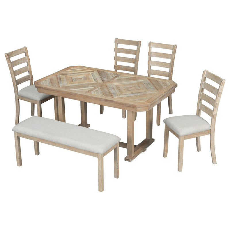 TREXM 6-Piece Rubber Wood Dining Table Set with Beautiful Wood Grain Pattern Tabletop Solid Wood Veneer and Soft Cushion (Natural Wood Wash) - Supfirm
