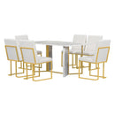 TREXM 7-Piece Modern Dining Table Set, Artificial Marble Sticker Tabletop and 6 Upholstered Linen Chair All with Golden Steel Legs for Dining Room and Kitchen (White + Gold) - Supfirm