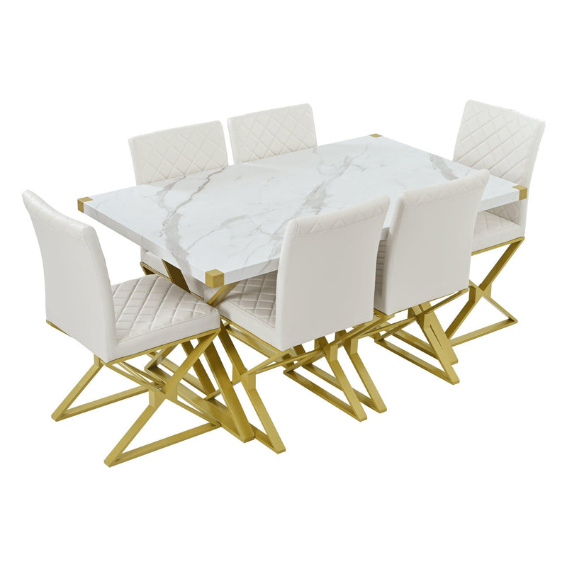 TREXM 7-Piece Modern Dining Table Set, Rectangular Marble Texture Kitchen Table and 6 PU leather Chairs with X-Shaped Gold Steel Pipe Legs for Dining Room (White) - Supfirm