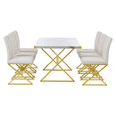 TREXM 7-Piece Modern Dining Table Set, Rectangular Marble Texture Kitchen Table and 6 PU leather Chairs with X-Shaped Gold Steel Pipe Legs for Dining Room (White) - Supfirm