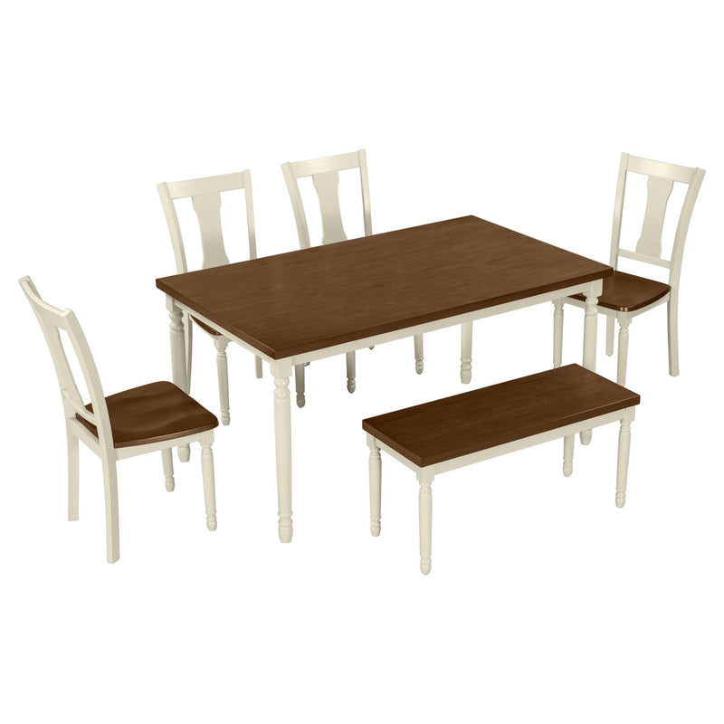 TREXM Classic 6-Piece Dining Set Wooden Table and 4 Chairs with Bench for Kitchen Dining Room (Brown+Cottage White) - Supfirm