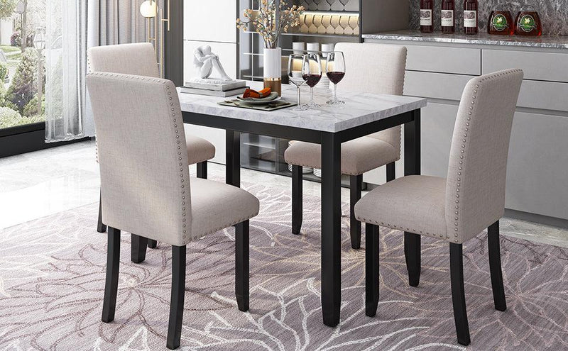 TREXM Faux Marble 5-Piece Dining Set Table with 4 Thicken Cushion Dining Chairs Home Furniture, White/Beige+Black - Supfirm