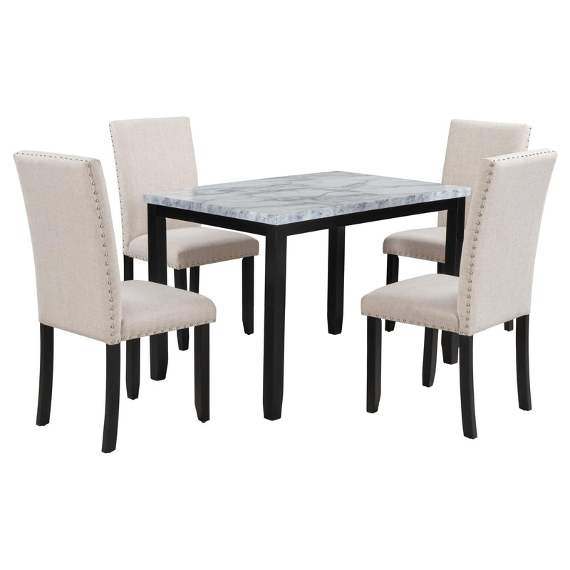 TREXM Faux Marble 5-Piece Dining Set Table with 4 Thicken Cushion Dining Chairs Home Furniture, White/Beige+Black - Supfirm